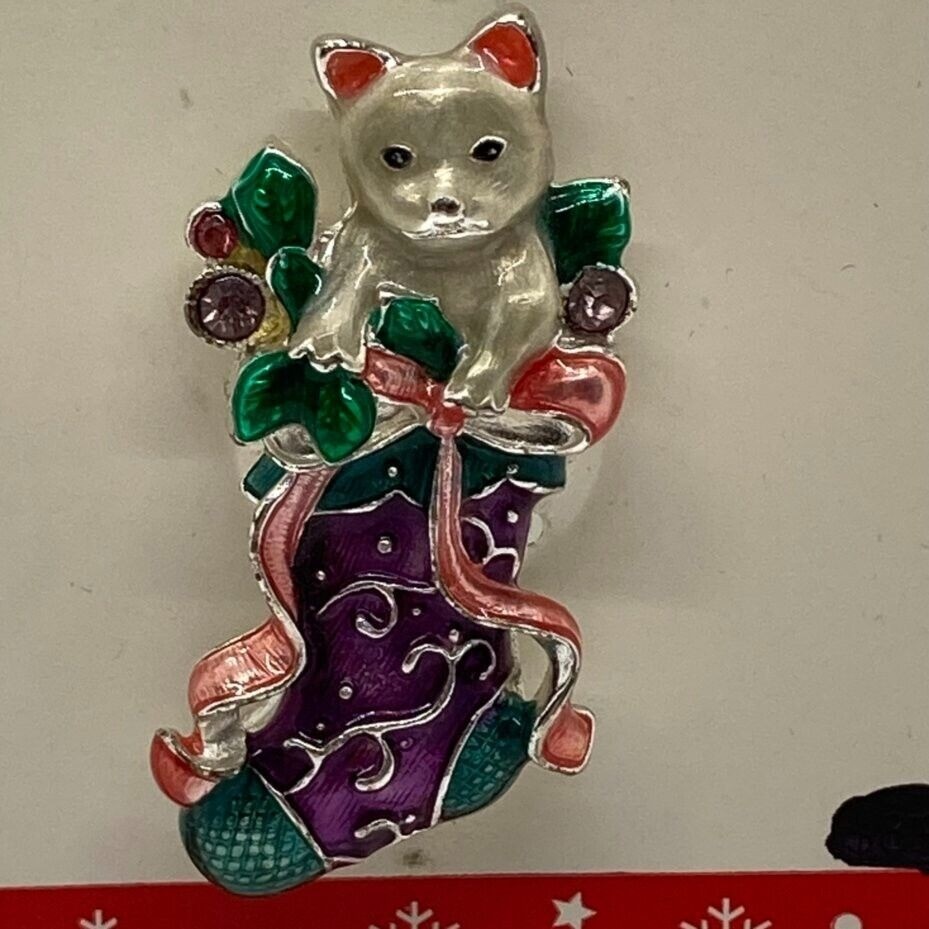 Christopher Radko Christmas 2″ Pin Kitty Cat Stocking Enamel Rhinestones New