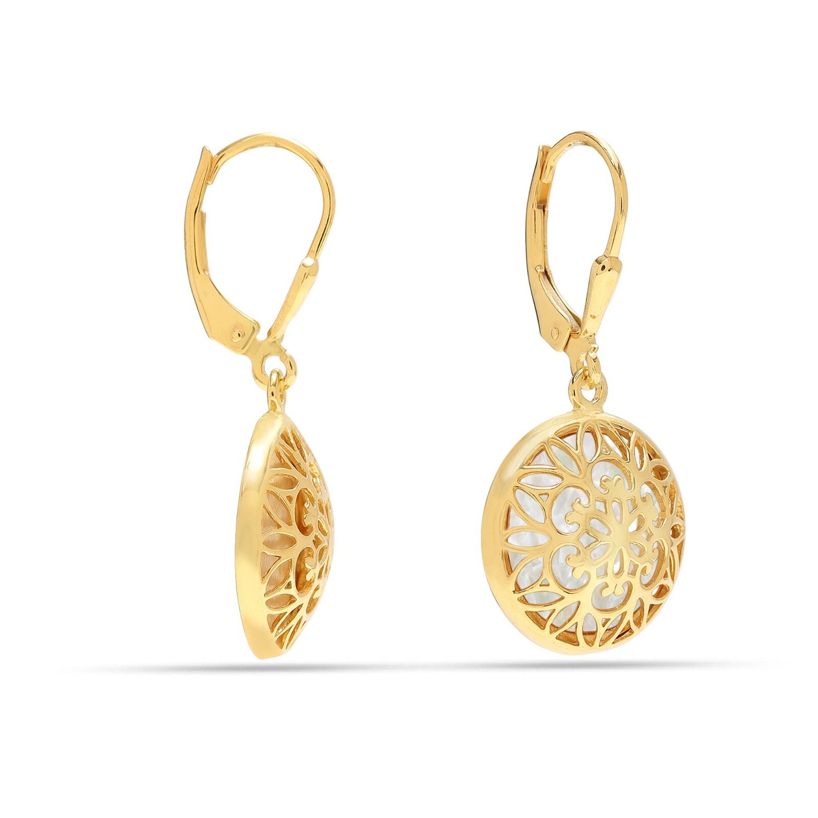 14K Gold-Plated Mother Of Pearl Overlay Filigree Dangle Earrings for Women 33 mm