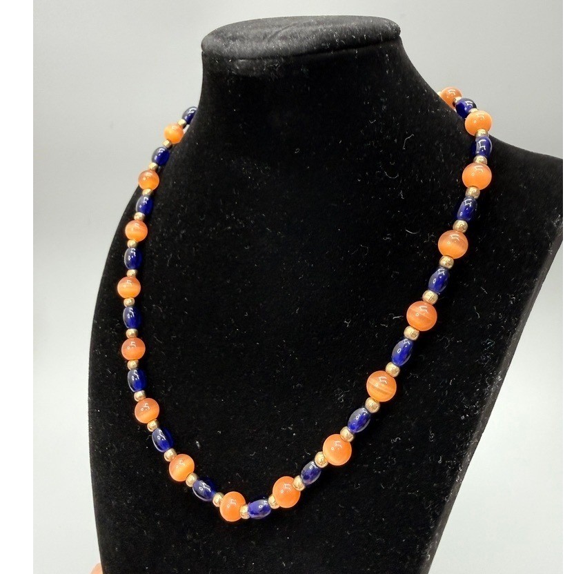 Orange Blue Beaded Necklace 18″ Gold Spacer Cats Eye Accent Broncos Colors