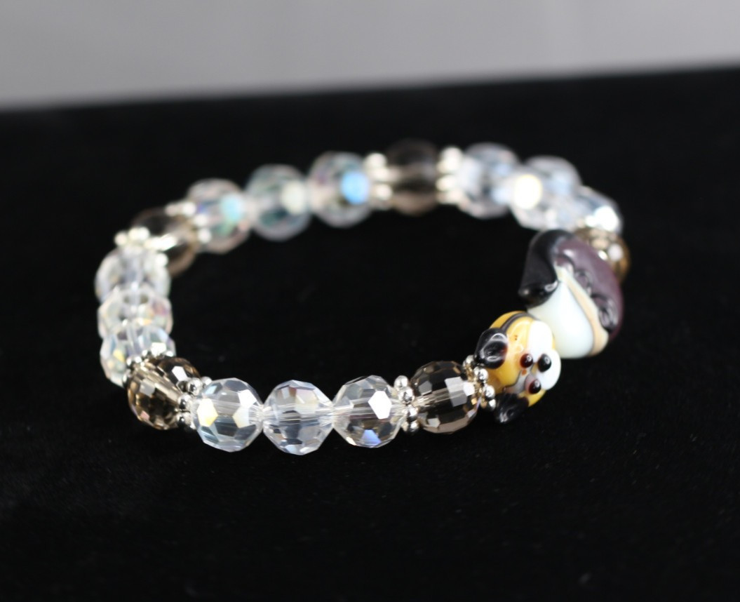 Brown Cat Lampwork Bead Bracelet 7″ Elastic Glass Beads faceted Crystals Kitten
