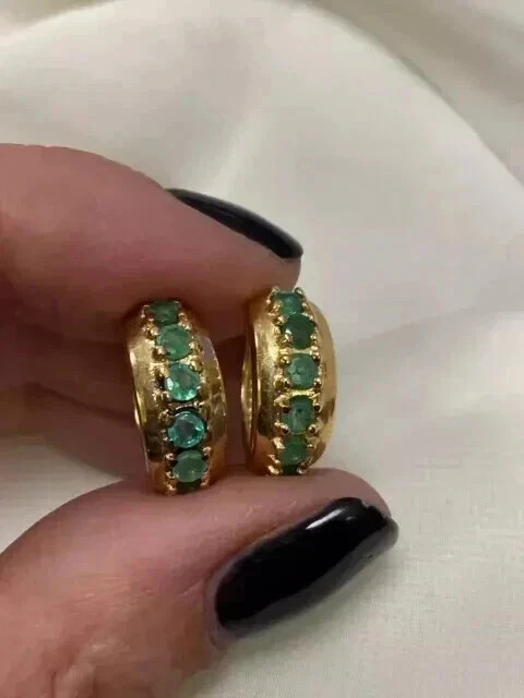 Simulated Green 3Ct Round Cut Emerald Hoop Earrings 14K Yellow Gold Plated