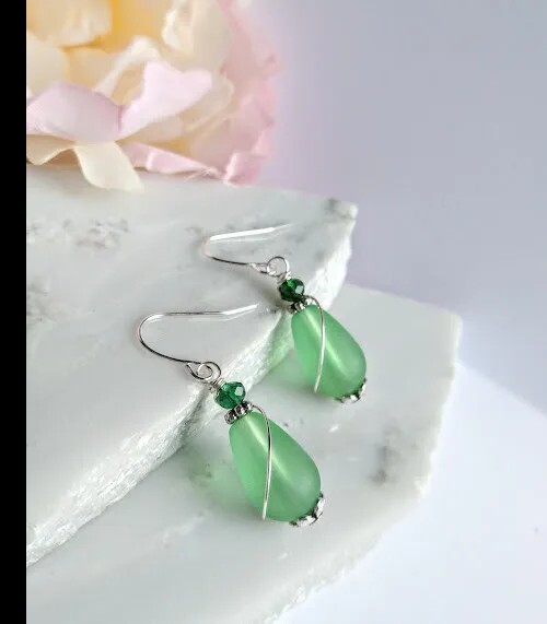 Handcrafted Green Sea Glass Teardrop Silver Ladies Dangle Earrings