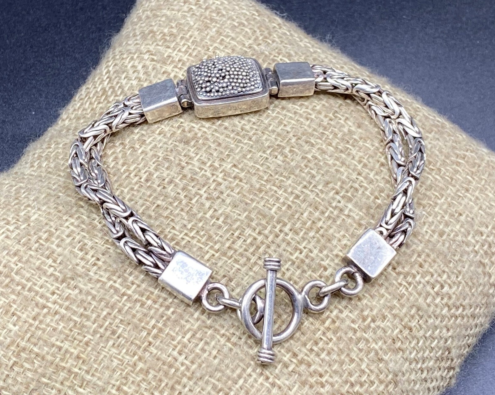 BALI STYLE-Sterling Silver Two Strand Granulated Byzantine Toggle Bracelet