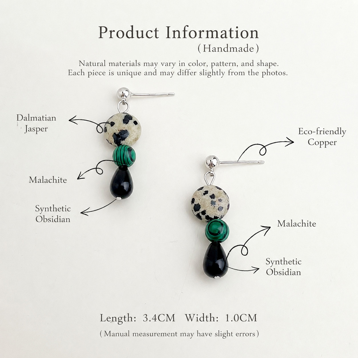 Handmade Dalmatian Jasper Malachite Black Agate Drop Earrings Dangle Jewellery