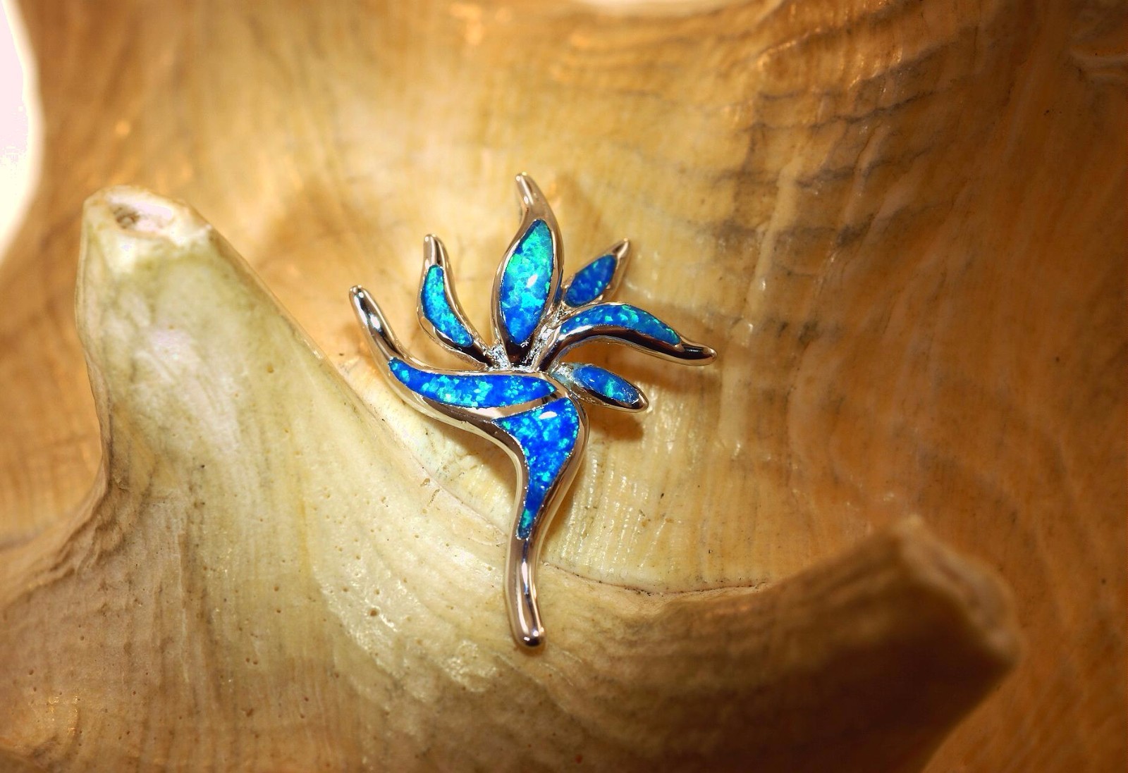 21mm Hawaiian Rhodium 925 Silver Inlaid Opal Bird of Paradise Flower Pendant #1