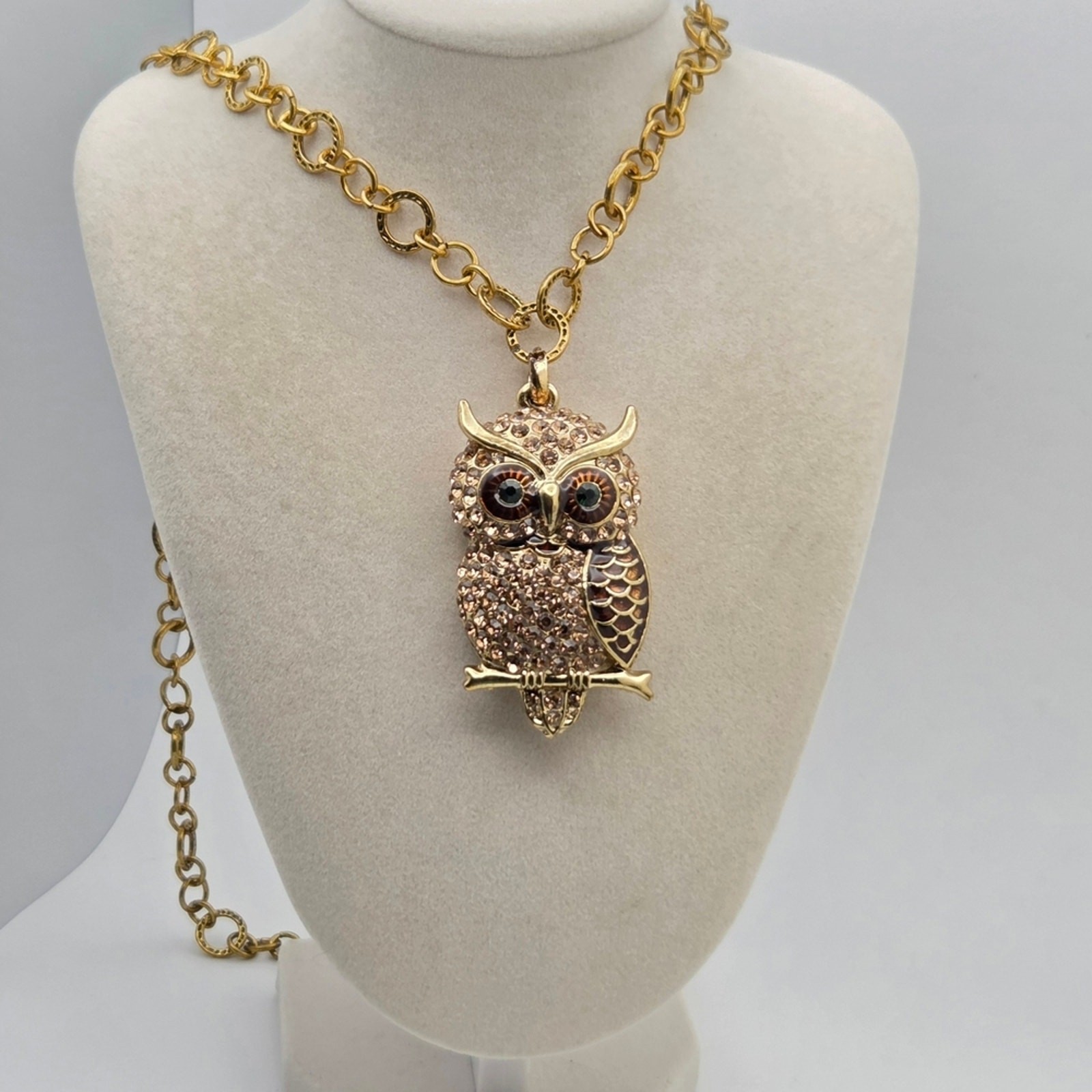 Vintage-Style Pave Crystal & Enamel Owl Statement Necklace
