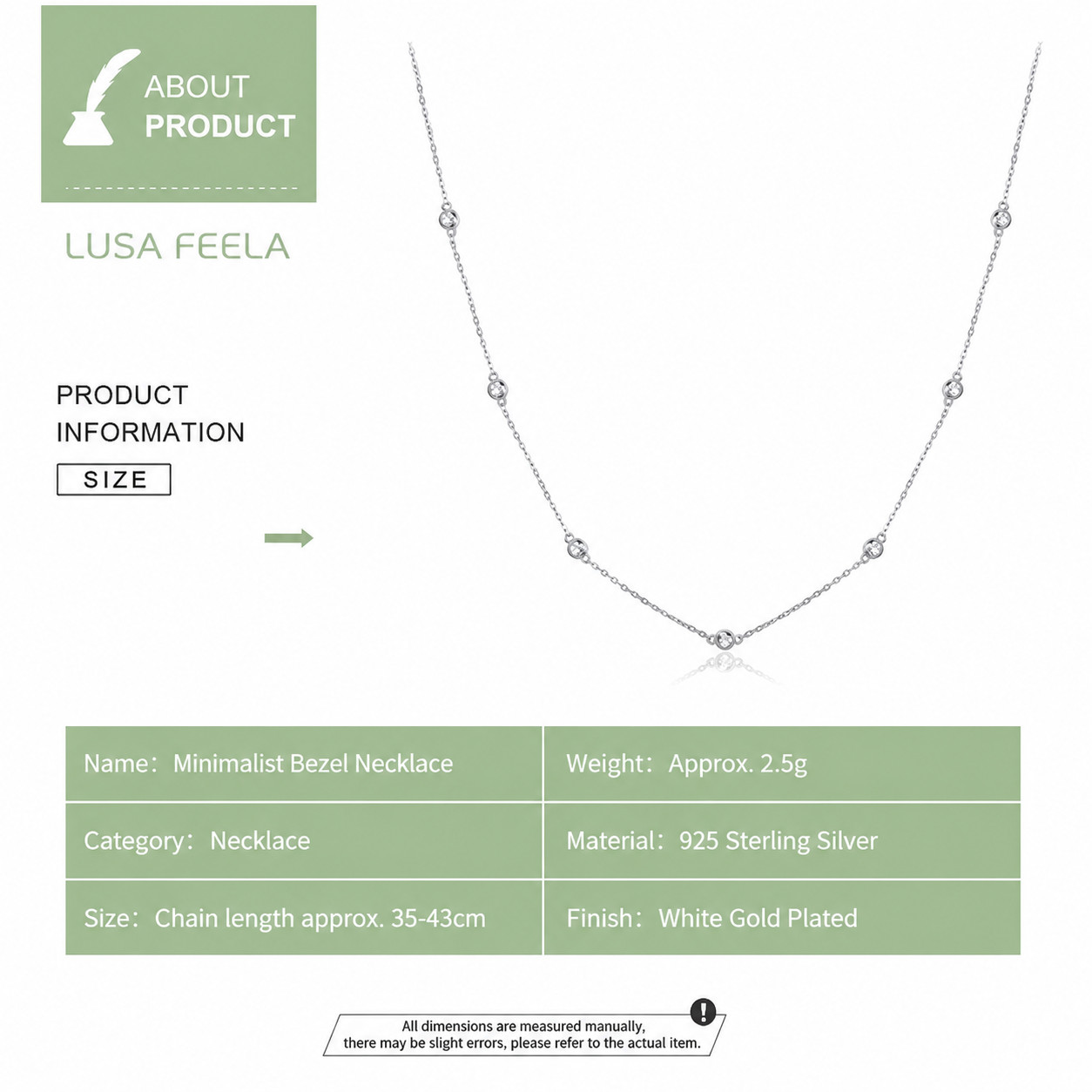 925 Sterling Silver CZ Bezel Station Chain Necklace Dainty for Women