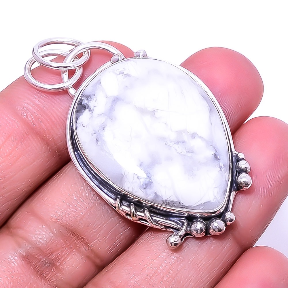 Natural White Howlite – United States 925 Sterling Silver Pendant 1.95″ P38
