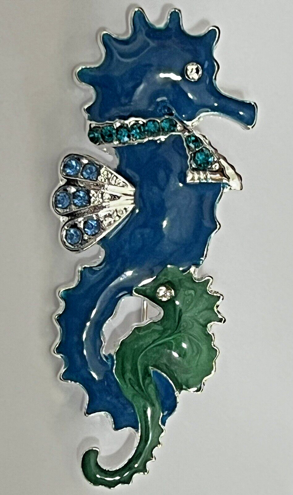 Crystal Rhinestone Seahorse Brooch LOT Pin Glass Vintage Sea Horse Blue Green