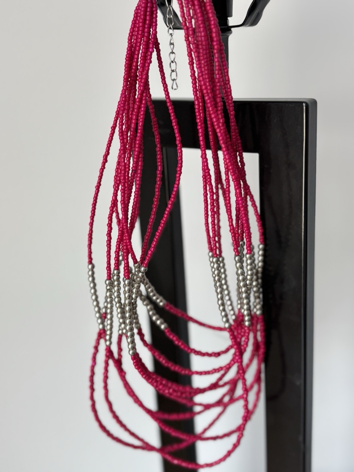 Chic Fuchsia and Silver Tone Multi-Layered Necklace 16-20 In Length