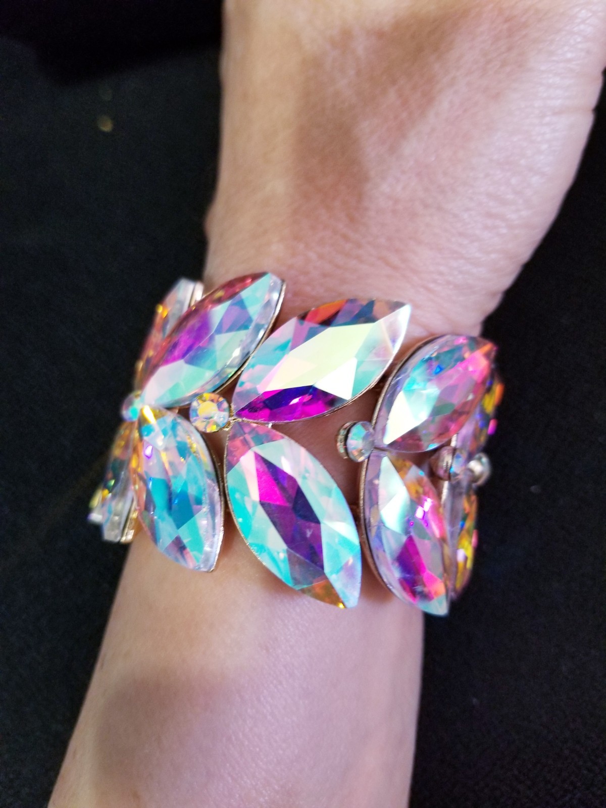 Iridescent Gold Rhinestone Stretch Bracelet Statement Drag Pageant Prom Bridal