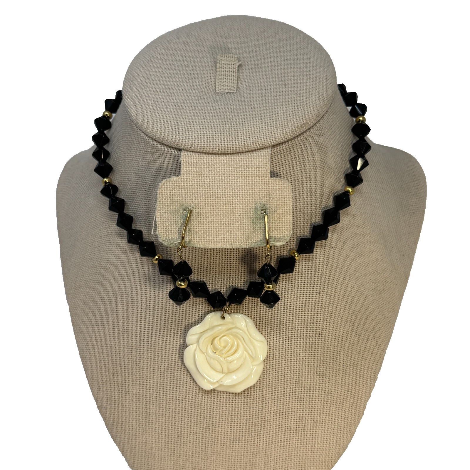 Vintage 60s Black Bicone Bead Necklace Ivory White Carved Resin Rose Pendant Set