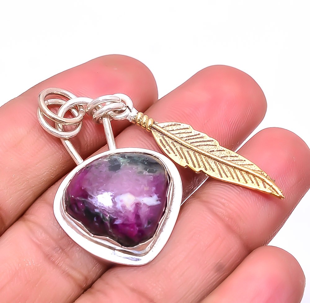 Ruby With Zoisite 925 Sterling Silver Two Tone Pendant 1.56″, Christmas Gift
