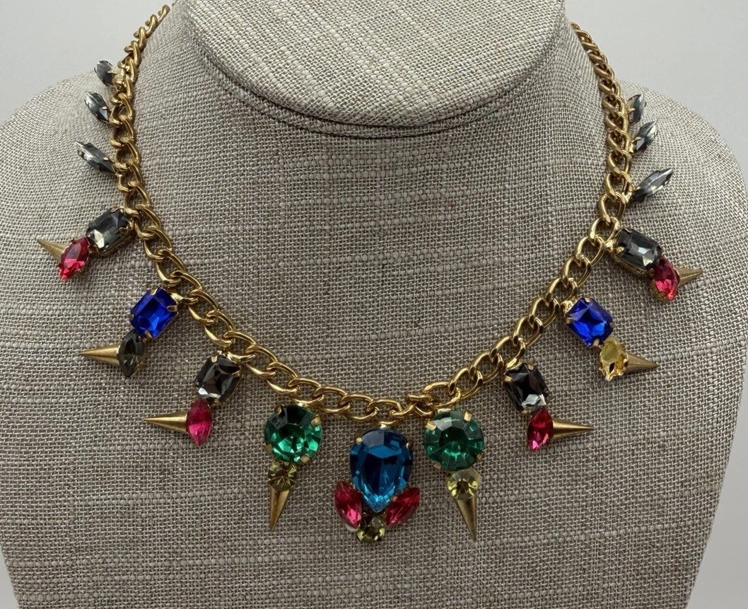 Gold Tone Adjustable Cable Chain Choker Multicolor Crystal Spike 15-18 inch