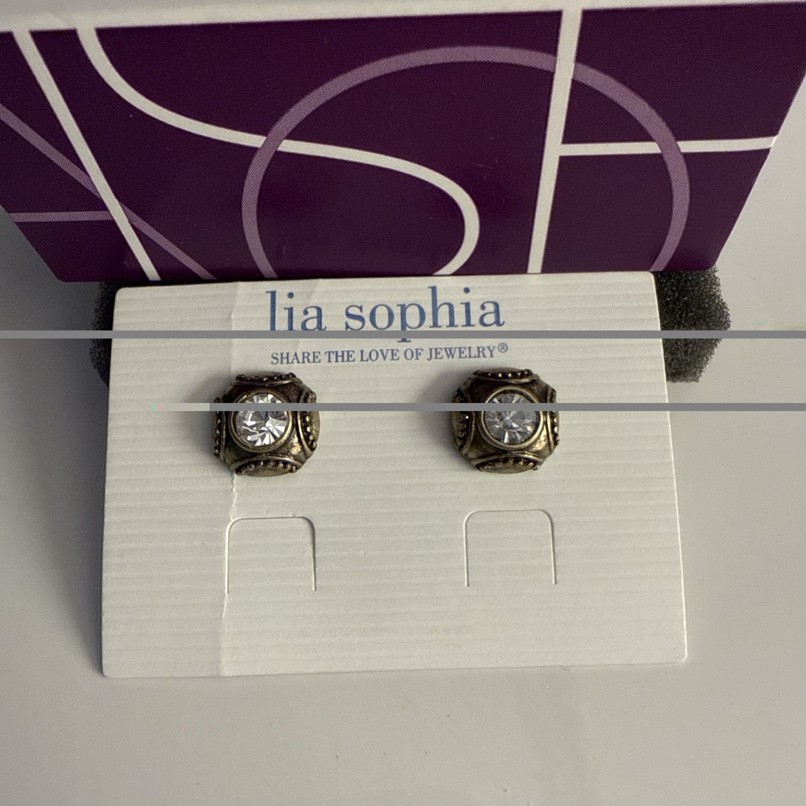 Lia Sophia “Dwyer” Antique Gold Tone w/Cut Crystal Stud Earrings Brand New