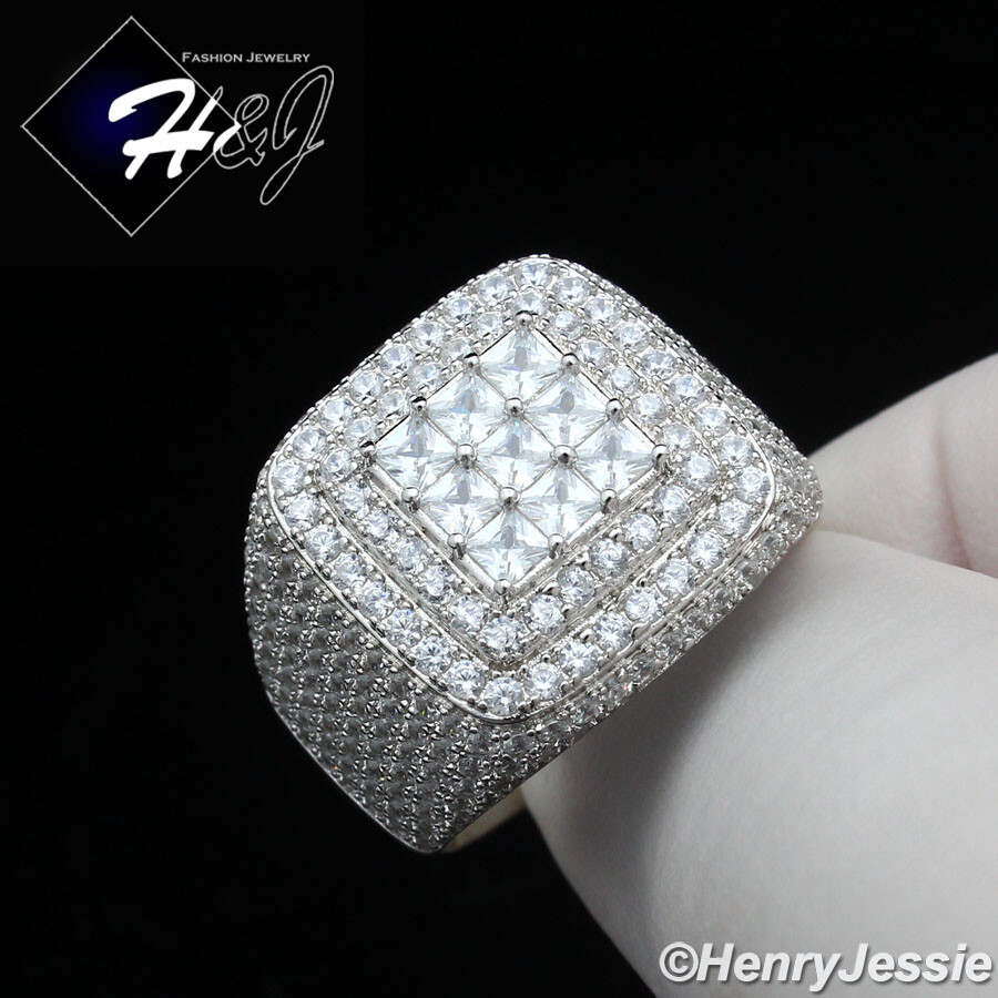 MEN 925 STERLING SILVER ICY BLING CZ GOLD PLATED/SILVER 3D SQUARE RING*SR190