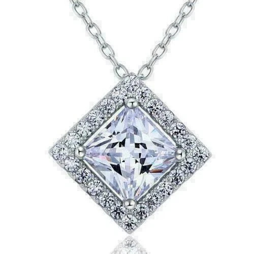 2.00Ct Princess Cut Simulated Diamond Halo Pendant Chain 14k White Gold Plated