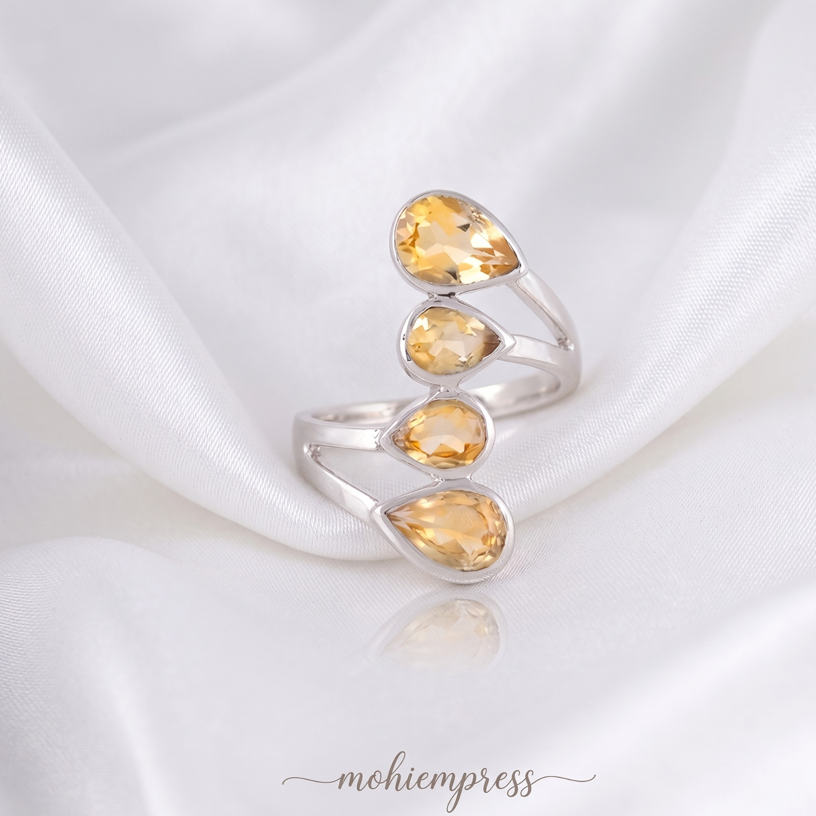 925 Sterling Silver Pear Cut Natural Citrine Bypass Ring, November Birthstone