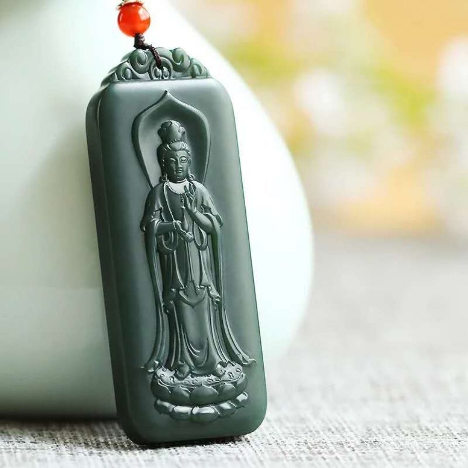 Certified Grade A Hotan Green Jasper Jade Kwan-yin GuanYin Buddha grave Pendant