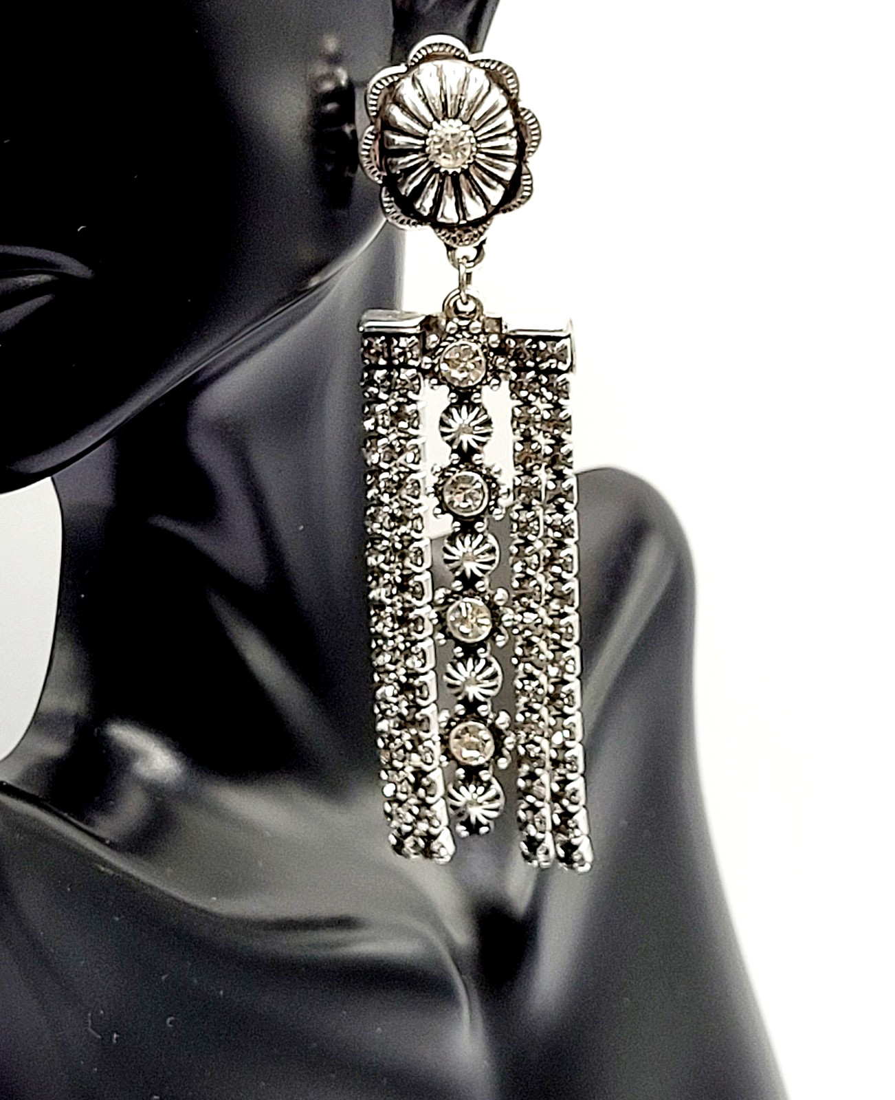 Southwest Style Runway Rhinestone Cowgirl Fringe Tassel Concho Pierced Earrings