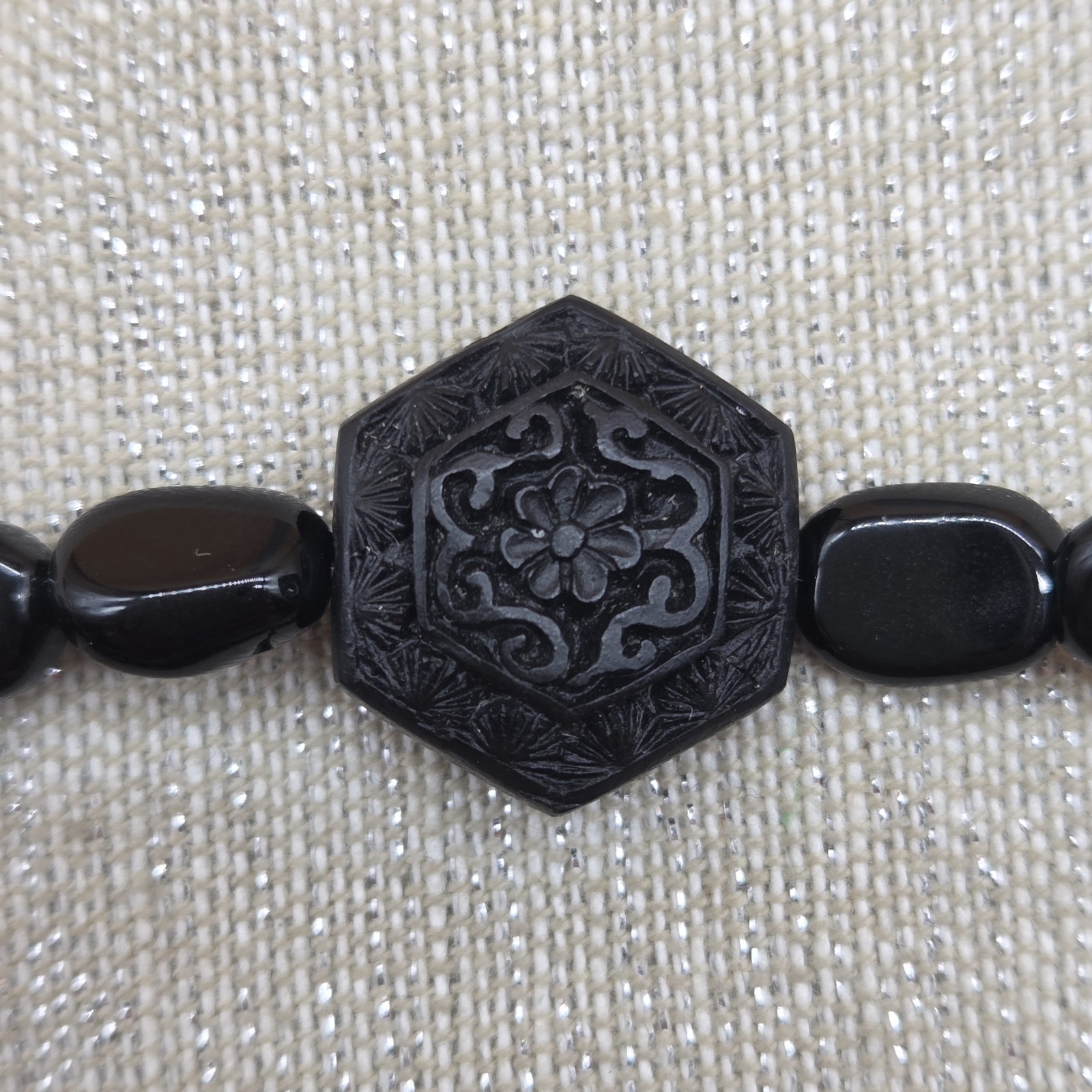 Black Carved Bead Stretch Elastic Beaded Bracelet