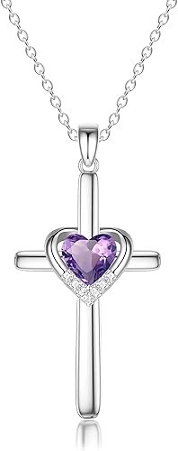 Cross Necklace with Genuine Heart Birthstone for Women, Love and Faith, Birthday