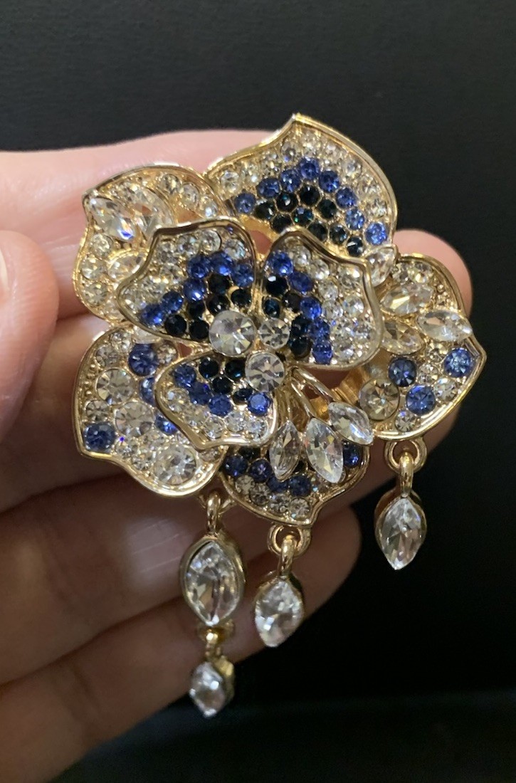 Designer Inspired Ombre Diamond Blue Crystal Flower Brooch Teardrop Dangle Gold