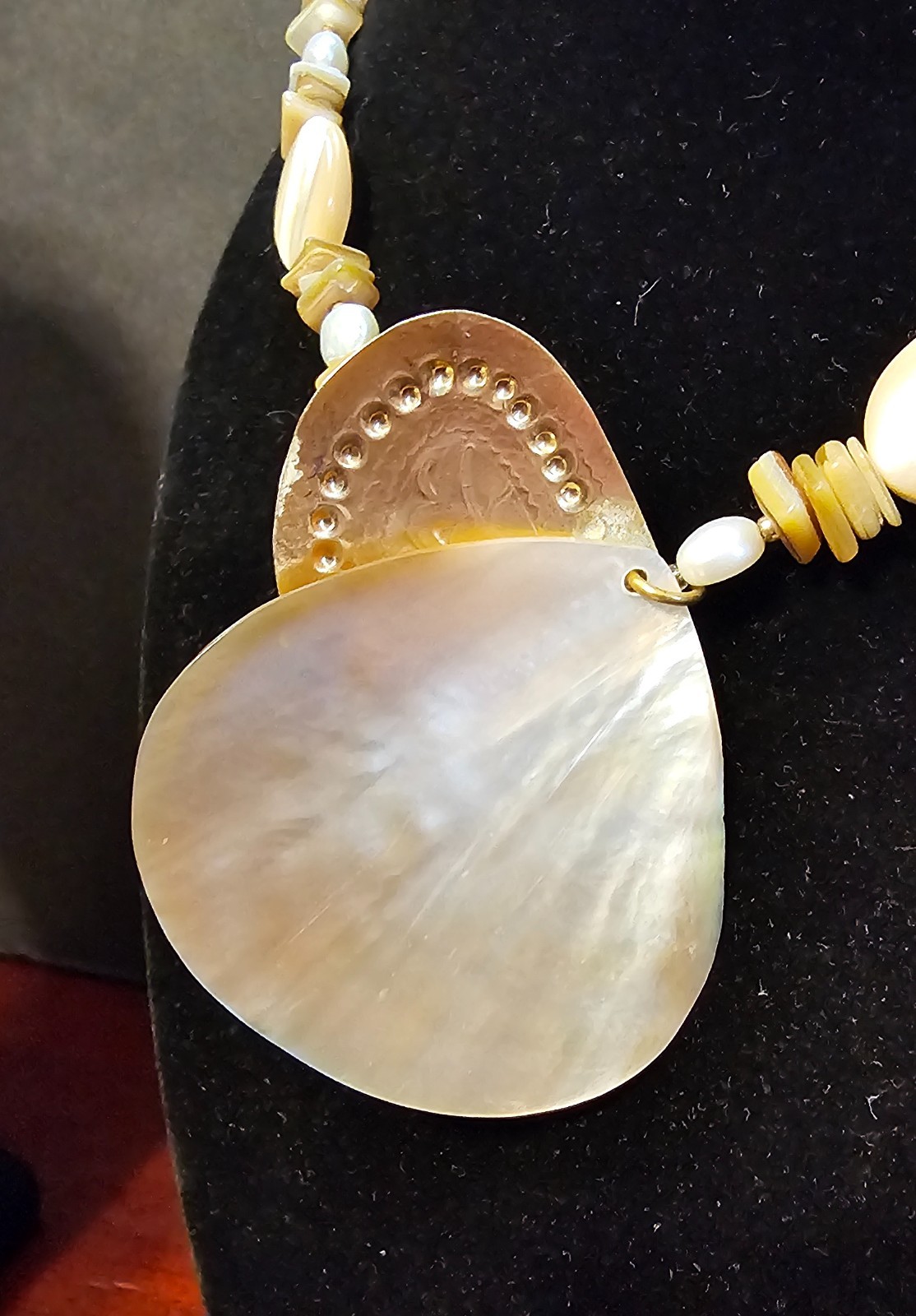 2 Large Mother of Pearl Seashell Necklaces w/Carved, Gilded & Stamped Components