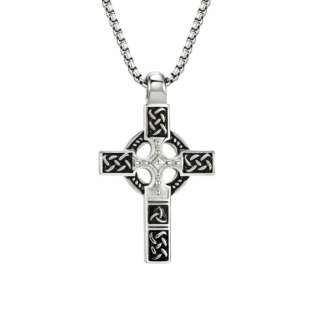 Celtic Knot Titanium Steel Gothic Cross Necklace Norse Runes Viking Pendant 24″