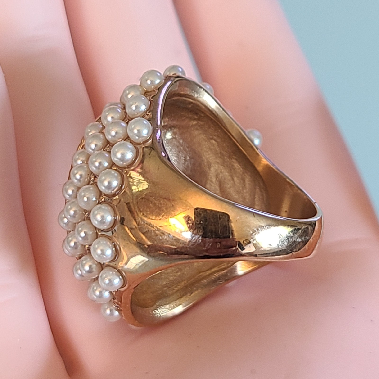 GORGEOUS Bronzetone Faux Pearl Cluster Cats Eye Cabochon Cocktail Ring 8.5