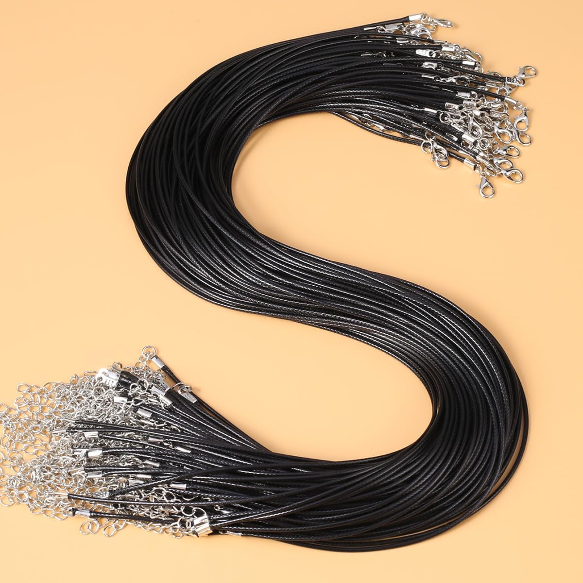 100Pcs Black PU Leather Cord Wax Rope Chain Necklace 45Cm+5Cm Stainless Steel Ch