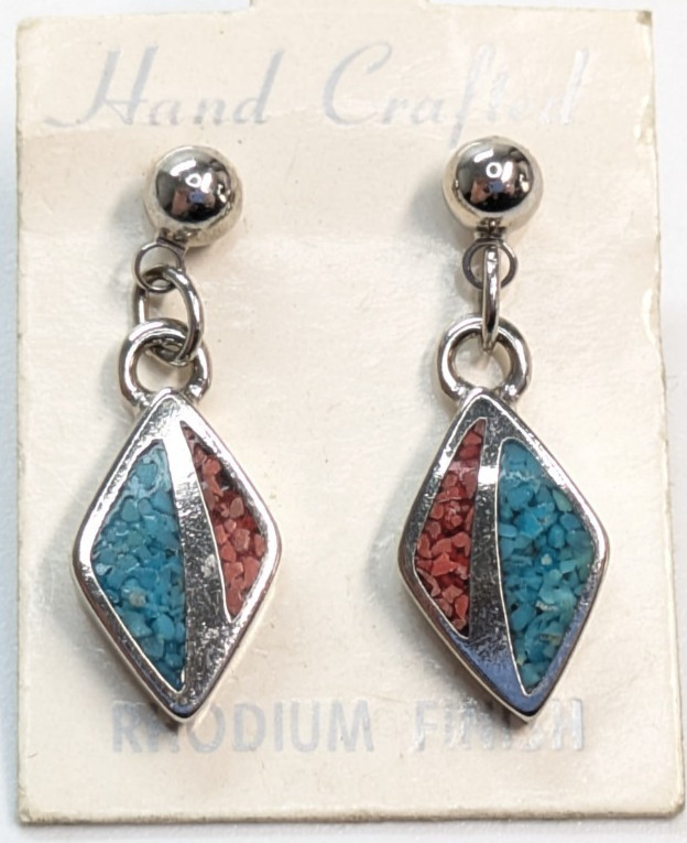 COP Signed Turquoise Coral Mosaic Silver Tone Rhodium Finish Pierced 1″ Earrings
