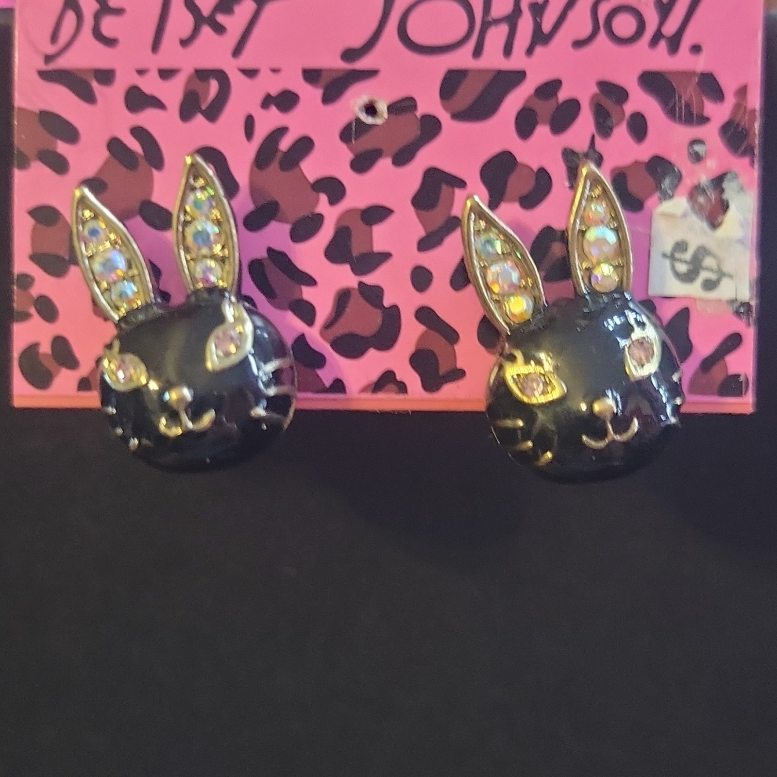 Betsey Johnson Bunny Stud Earrings Black Enamel Gold Tone Crystal Nickel-Free
