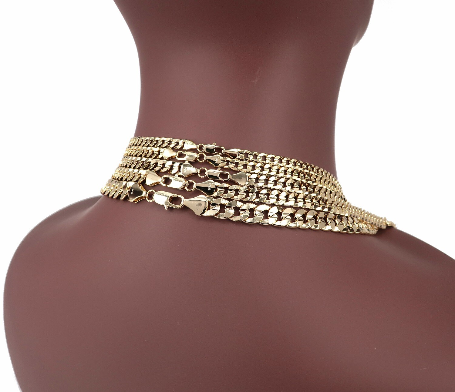 Concave Cuban link Chain Necklace Bracelet 5mm to 10mm Yellow 14K Gold Plated