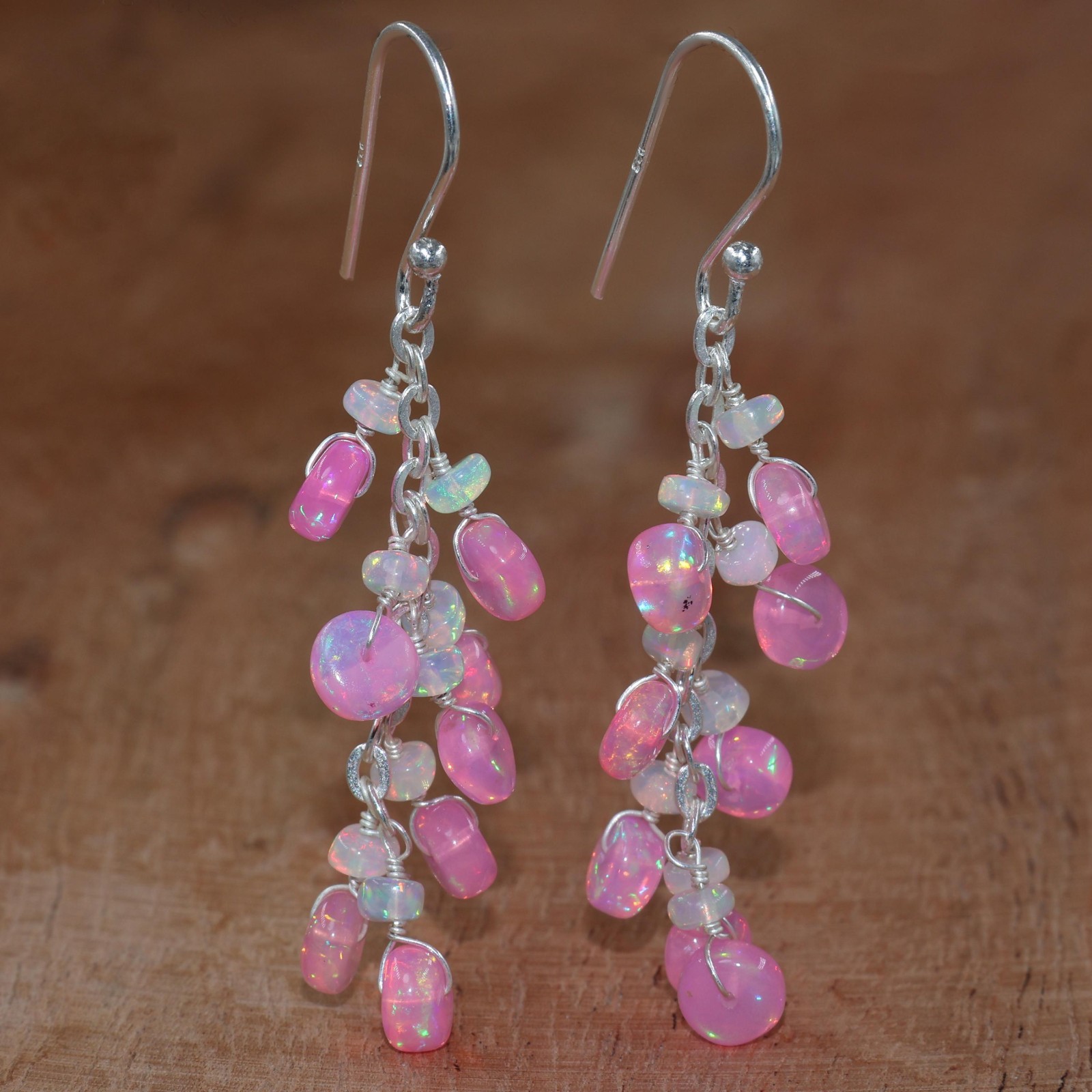 Natural Pink and White Opal Gemstone Cluster Earring, Fire Opal Round Beads