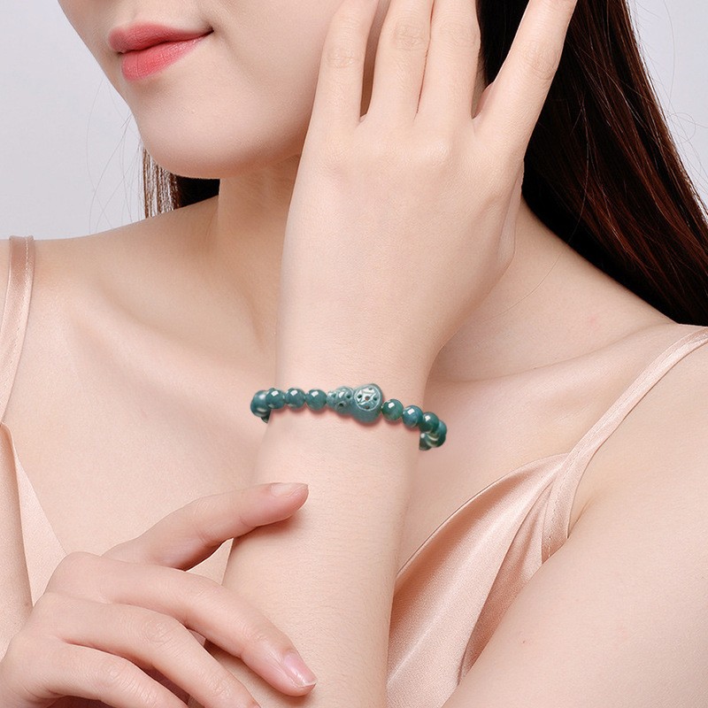 Certified Natural Blue Jade Jadeite Beaded Elastic Stretch Gourd Bracelet