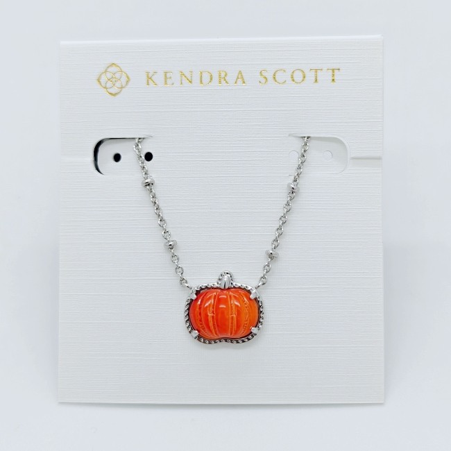 New Kendra Scott Pumpkin Silver Short Pendant Necklace In Orange Shell