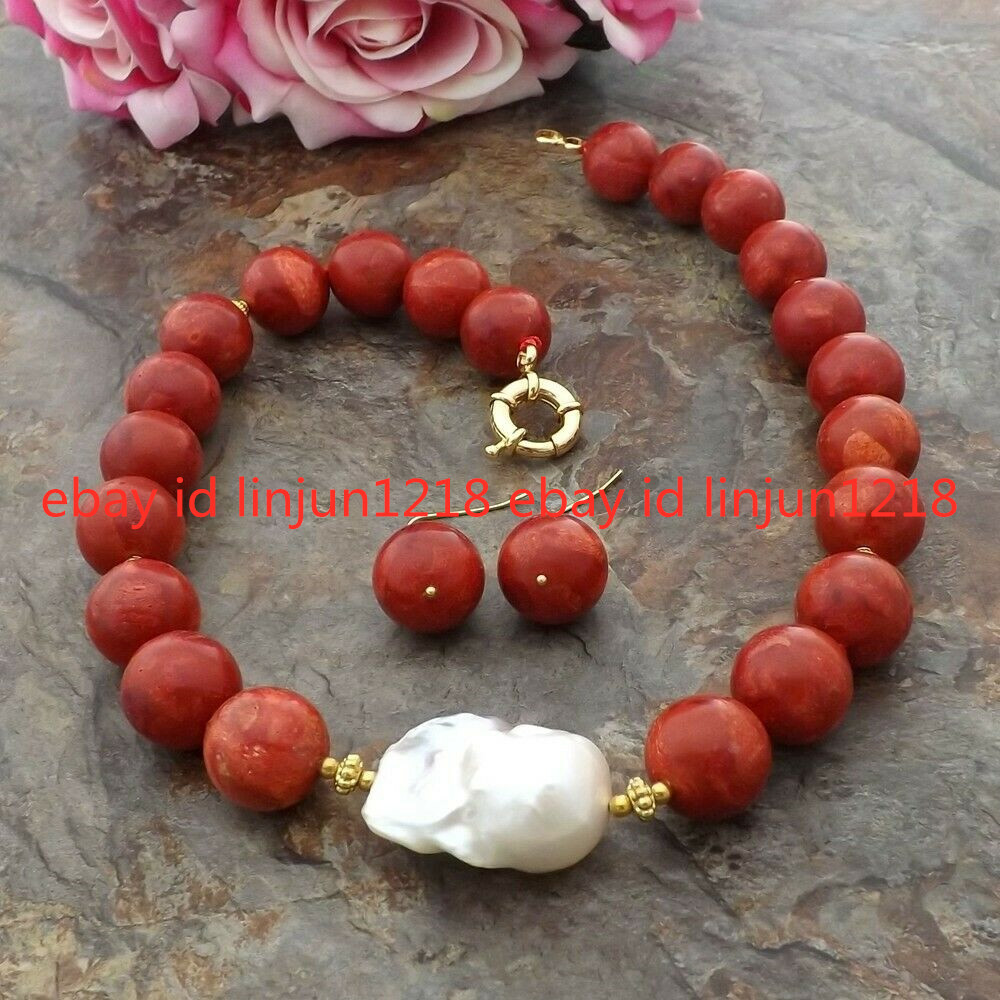 Huge 14mm Red Coral White Keshi Pearl Rond Beads Necklace Earrings Set