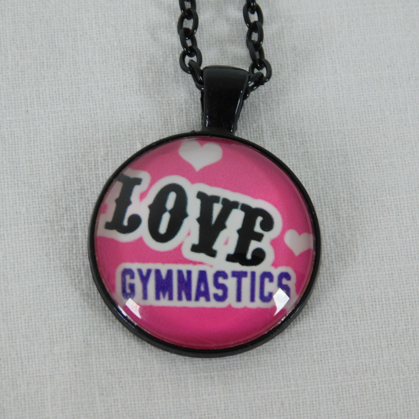 Love Gymnastics Pink Hearts Sports Black Cabochon Pendant Chain Necklace Round