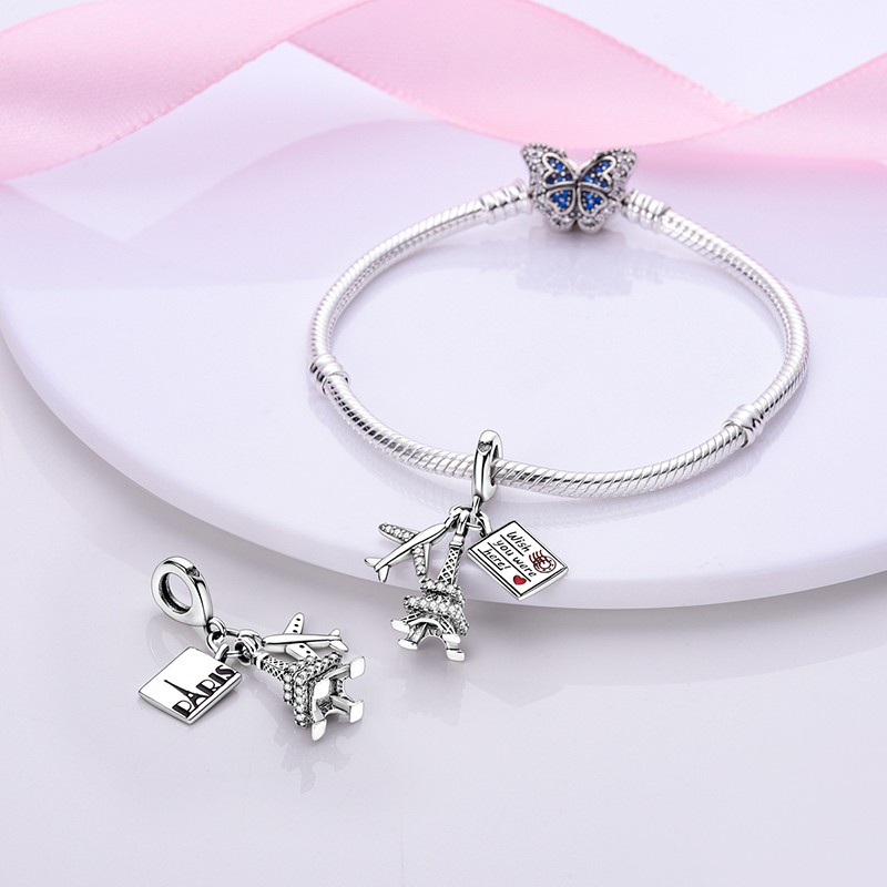 MULA Original 925 Sterling Silver Airplane Eiffel Tower Charm CZ Fit Bracelet