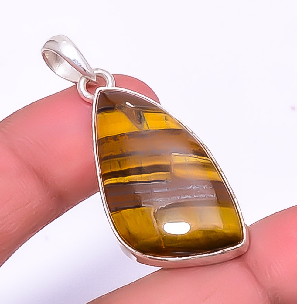Yellow Tiger Eye – South Africa Gemstone 925 Silver Plated Pendant 1.79″ A347