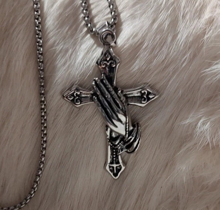 Praying Hands Cross Pendant Necklace Chain Faith Gift Mens Stainless Steel 24″