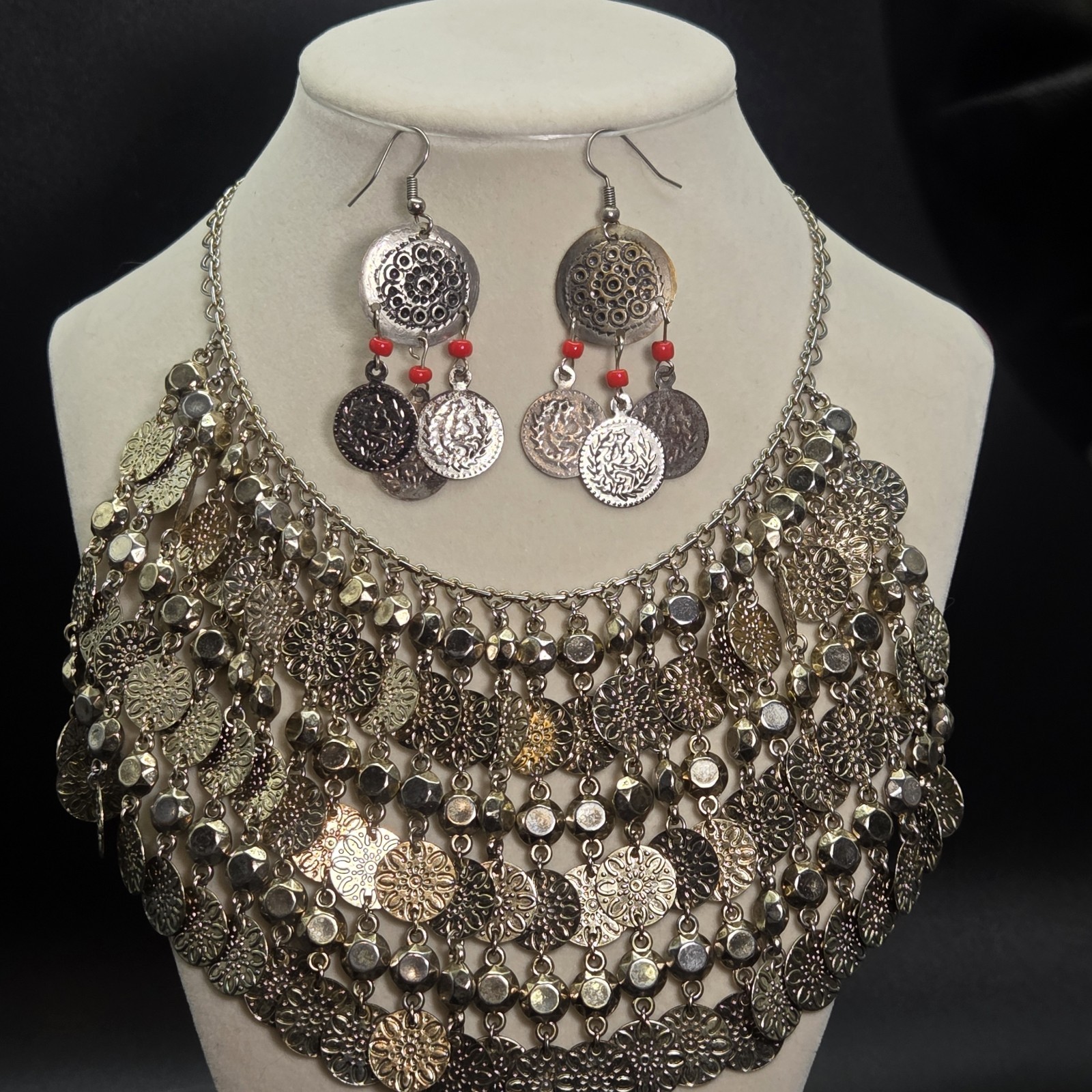 Dangling Coin Choker Bib Collar Silver Tone Metal Egyptian Necklace and Earrings
