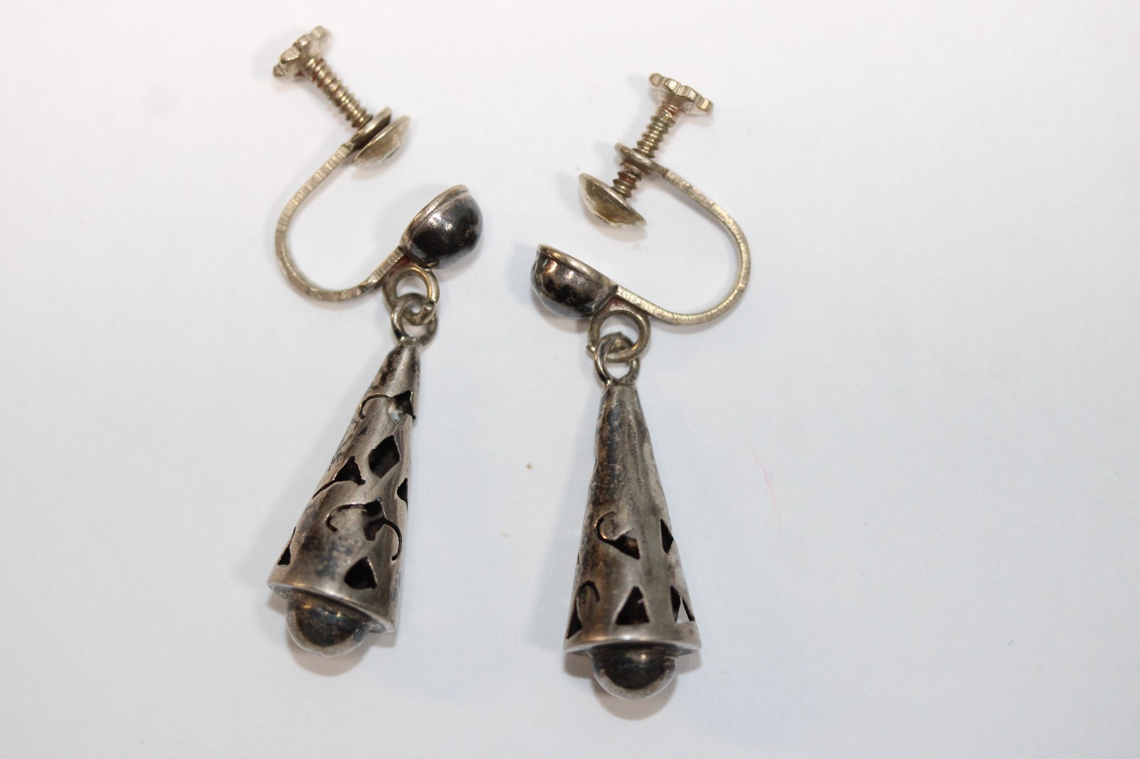 Vintage Mexican Alpaca 925 Cone Dangle Earrings Screw Back Mid Century #144