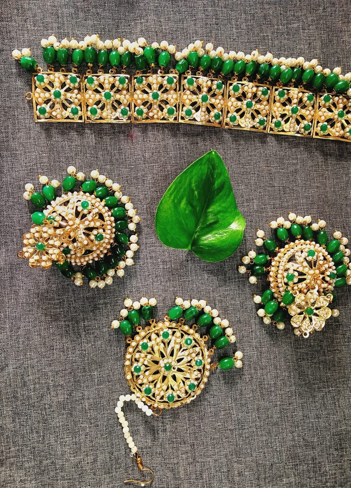 JAYWAR Green Beaded Choker Set Ethnic Bridal Jewelry Earrings & Maang Tikka