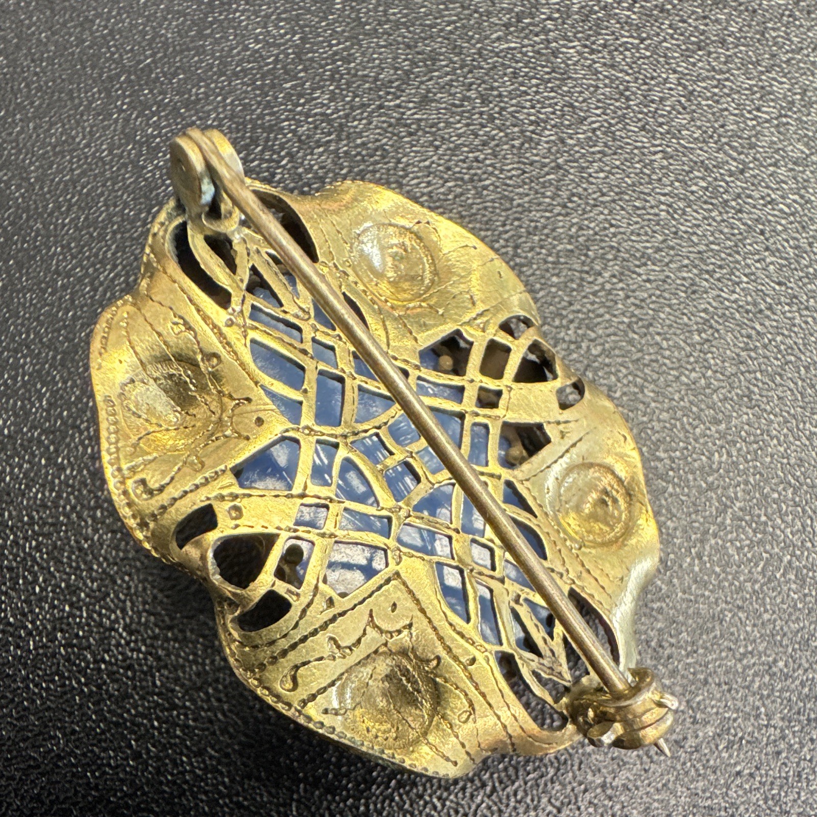 Vintage brass filigree bird brooch blue cabochon. Unique