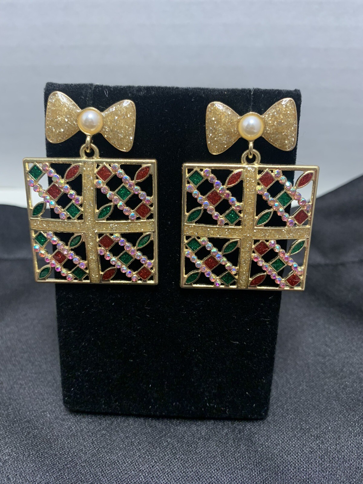 Christmas Gift Bow Earrings-Rhinestones AB, Dangle-1 3/4 inches-New