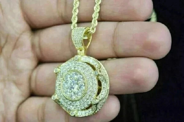 14K Yellow Gold Plated Unisex Medallion Pendant 2 Ct Round Cut Simulated Diamond
