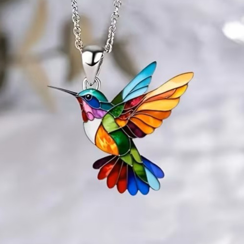 Colorful Hummingbird Pendant Necklace Rainbow Enamel Bird Charm Women Gift Chain