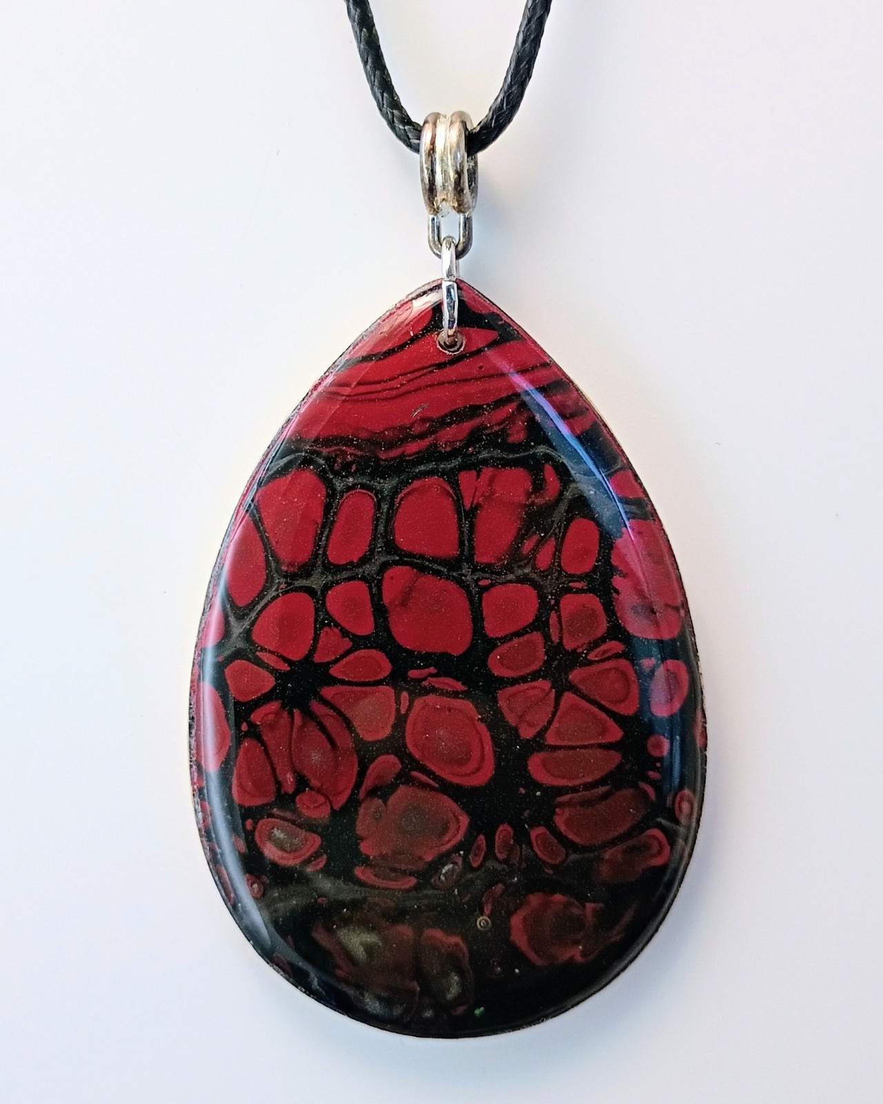 Hand Painted Necklace On Wood w/ Silver Toned Fitting & Black Cord Lightweight